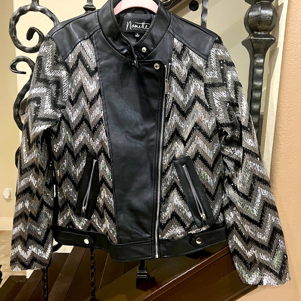Black Women's Faux Leather sequin Biker motto Jacket.